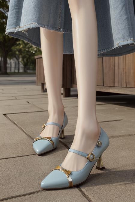 a girl,foot close-up,light blue shoes,women's pumps,outdoor,surreal,best quality,masterpiece,realistic calf,<lora:qiankou-000004:0.6>,