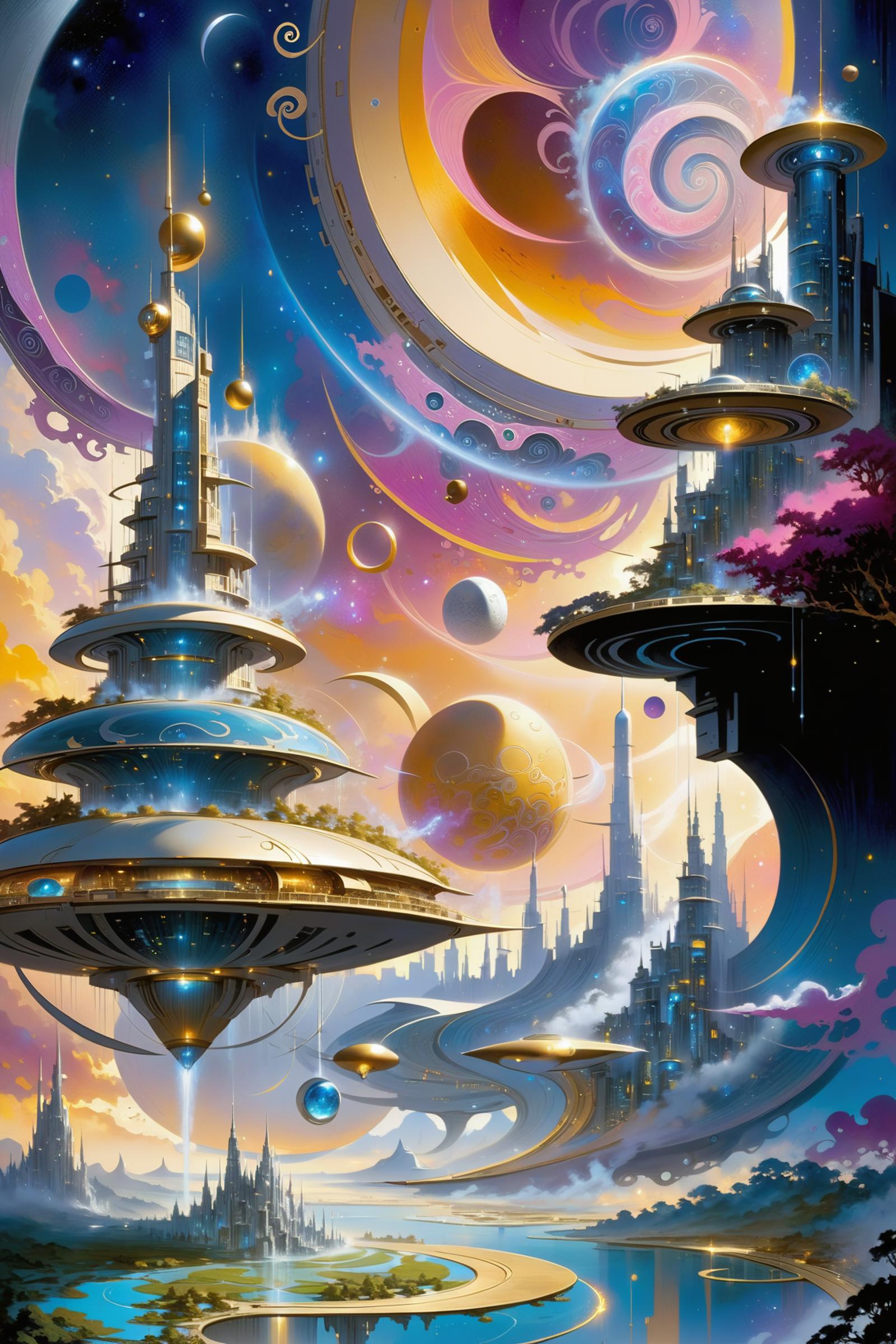 A colorful painting of various spaceships and planets.