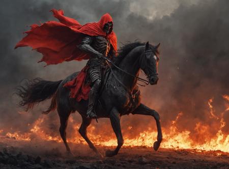 red_horseman,(long tattered flaming red cape in the wind:1.5),(black skeletal armor:1.5),(large_sword:1.5),hood,bleeding injured scorched red horse,apocalypse,war,battlefield,fiery_sky,violence,aggression,glowing_eyes,determination,scorched_ground,
trampled,chaos,destruction,menace,
<lora:add_detail:0.8>,