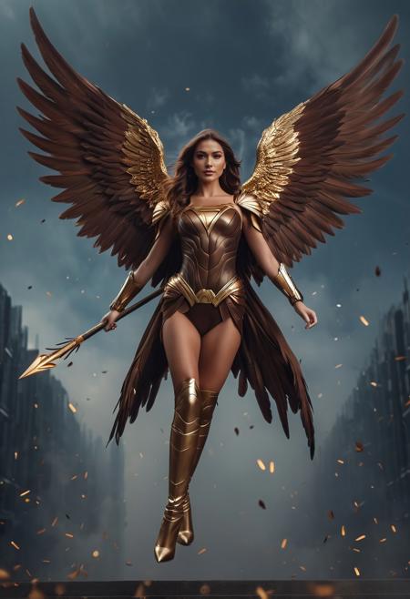 safe_pos, score_9, score_8_up, score_7_up, 
1girl flying in a superman pose, archangel, tanned skin, brown long hair,  ((Huge brown wings)), (feathered wings), stiletto heels high boots, golden armour, black roses, (sparks:0.3),   holding (((Longinus spear)))
photography, cinematic, bokeh, dark background, front view from below, (dynamic pose, action:0.8), science fiction background, cloud city