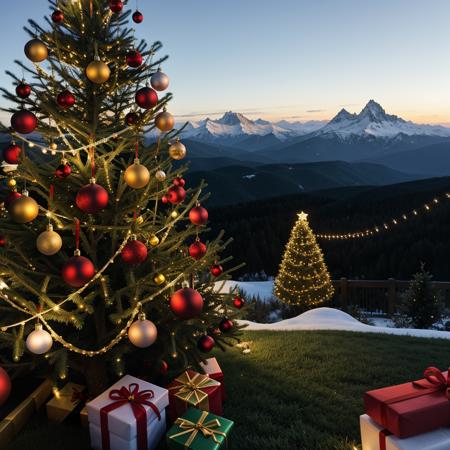 masterpiece, (looking at viewer:1.3), holiday, christmas, christmas tree, christmas ornaments, santa hat, outdoors,mountain, village,<lora:xsarchitectural-6:1>