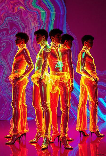 4 braziliaN Male models  , all identical but in different stances , crystallisation, schizophernia, bioluminescent Jem the Hologram, surreal psychedelic flowing avant-garde art by Yoh Nagao and Erik Madigan Heck and Alan Aldridge, 1980's new wave totally radical fashion.,side view, side eye, slot skirts , high heels.  Athletic