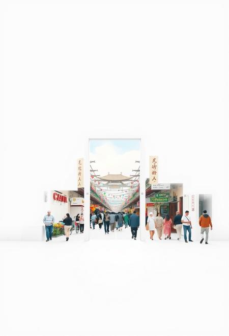 in a white empty infinite place, a lone door stands in the middle opening to a busy bustling crowded Asian street, portal from heavens to Earth