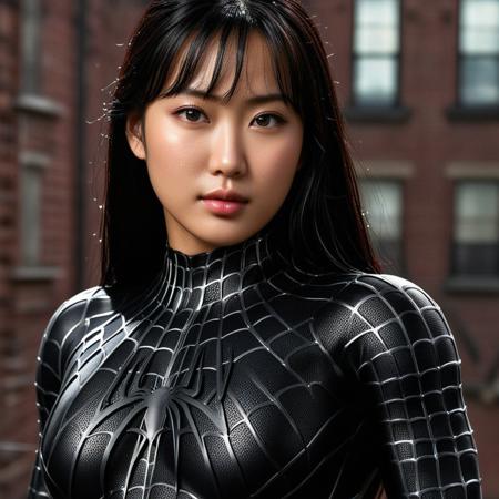 score_9, score_8_up, score_7_up, best quality, realistic, masterpiece, beautiful detail, hyperrealistic, ((1girl, woman body, big breasts)), amazing detailed full body of a cute korean girl, cute face, wearing a realistic and highly detailed black raimi spider-man suit, ((huge muscular girl)), professional model wears ultra - detailed black raimi spider - man suit, ultra - detailed and grained black raimi spiderman suit, suit covered entire body and hand, black spiderman gloves, wet, close up, octane render, highly detailed, volumetric, dramatic lighting, (highest quality:1.1), (HDR:1.3), (top quality, best quality), realistic, high definition,