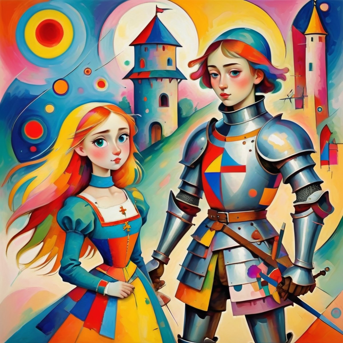 medieval girl and a knight, (bright colors:1.2),  Kandinsky <lora:Kandinsky:1.0>
