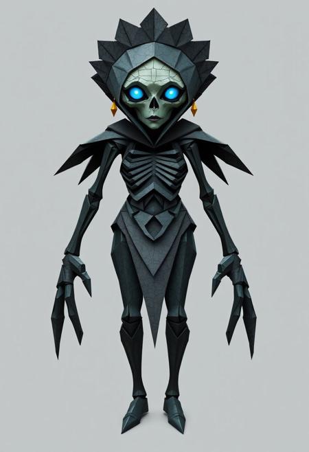 score_9, score_8_up, score_7_up, CuteCartoonStyle, 1girl, solo, female focus, ASubject: Full-body origami-inspired elderly figure with a dark, haunting twist
Design Style: Faceted and angular, entirely made of folded paper, blending aged humanity with eerie abstraction
Head: Sharp, angular, cracked parchment-like face. Hollow, glowing blue-gray eyes exude sorrow and spectral energy
Torso: Hunched with layered dark gray folds resembling a ribbed, skeletal structure. Fragile yet unsettlingly strong
Arms: Long, jagged arms with claw-like fingers made of sharp folds. Subtle gold remnants suggest decayed elegance
Legs: Spindly and angular, tapering into pointed, bird-like feet. Balanced but creeping in appearance
Extensions: Fragmented crown-like headdress and flowing, torn paper strands replacing hair, creating a spectral aura
Accessories: Faded gold origami-like earrings or embellishments, dulled with age
Background: Minimalist smoky gradient with dark shadows highlighting the figure’s sharp edges and fragile texture
Mood: Haunting yet dignified, evoking sorrow, resilience, and decay
Atmosphere: Gothic and surreal, blending beauty and decay into a tragic, paper-like specter of time.