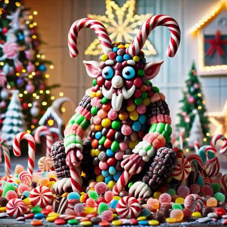 CHRC4ND7, (XmasTad:1.1), (( Krampus(), sitting on a pile of candy while several children that are Made of candy are crying, candy children, highly detailed, dslr