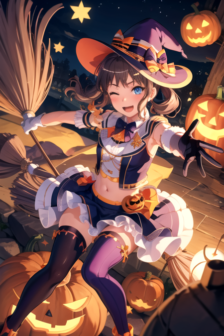 <lora:Saaya-02:0.7>, saaya, 1girl, solo, looking at viewer, blush, smile, open mouth, blue eyes, skirt, brown hair, hair ornament, thighhighs, gloves, hat, bow, navel, holding, twintails, short sleeves, frills, detached sleeves, one eye closed, food, shoes, sleeveless, midriff, striped, star (symbol), black footwear, witch hat, ;d, outstretched arm, hat bow, striped thighhighs, vertical stripes, broom, halloween, asymmetrical legwear, purple bow, ghost, lantern, striped bow, jack-o'-lantern, halloween costume, pumpkin, purple gloves, mismatched legwear, broom riding, shoe soles