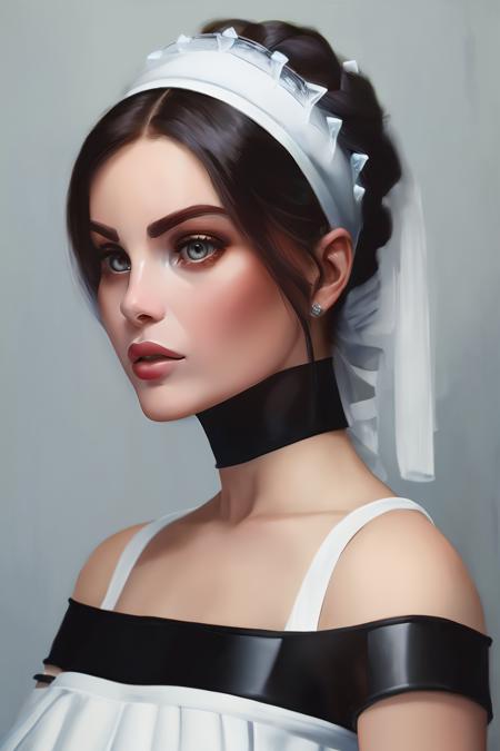 hyperrealistic oil painting of a head and shoulders portrait of wo_emglove01 wearing renaissance white dress with a black chocker and mesh elbow gloves, busty, masterpiece, <lora:woEmglove01:1>