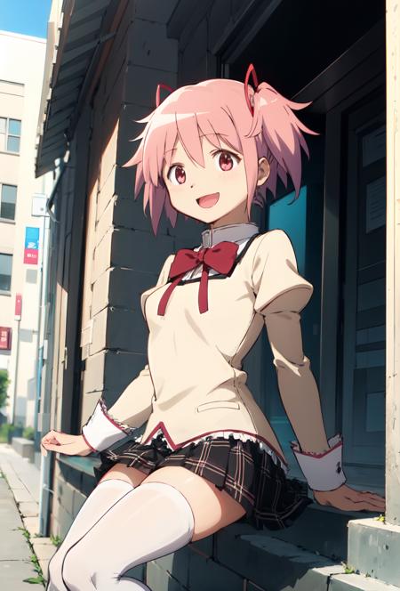 <lora:Madoka Akemi:0.8>, 1girl, madoka, happy, school uniform, short hair, white thighhigh