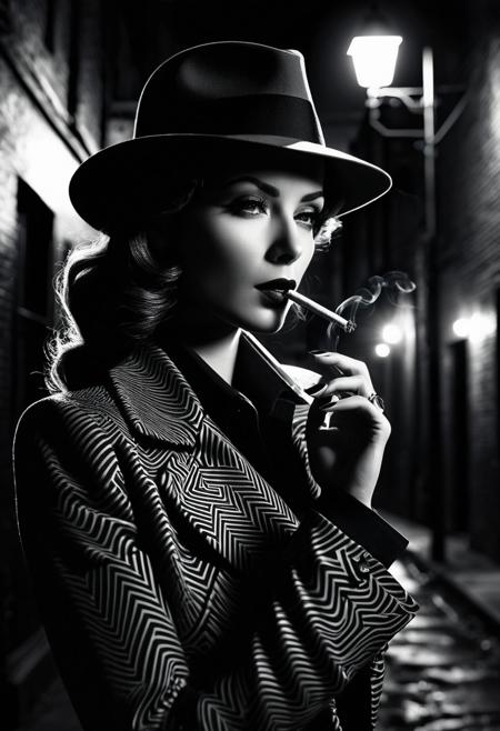 Film noir. Close-up. Miranda Knox, A female detective in a fedora, smoking a cigarette, in a dark city alleyway. High contrast, abstract vector fractal patterns dancing around the detective, like a visual representation of the wave function. Zentangle-inspired tattoos on the detective's hand, 3D shading giving the noir atmosphere a modern twist. Moody lighting with deep shadows and vibrant neon accents. Film grain, low-key lighting, cinematic composition, detailed textures, high contrast, mysterious atmosphere.