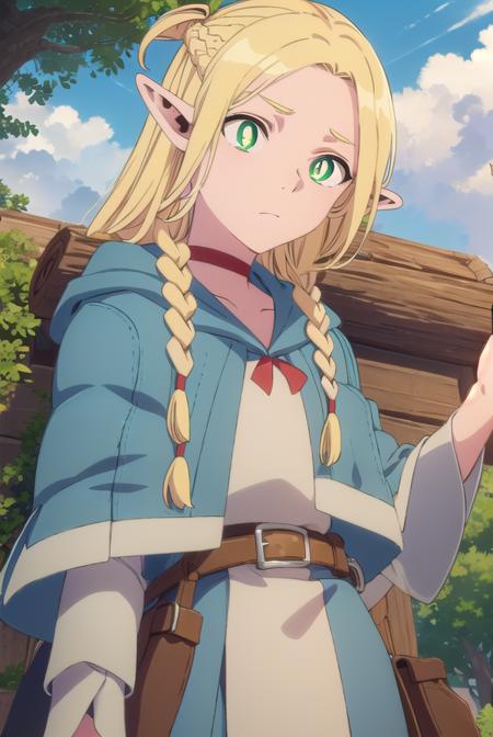 marcilledonato, <lora:marcille donato-lora-nochekaiser:1>,
marcille donato, long hair, blonde hair, (green eyes:1.3), braid, pointy ears, twin braids, elf, (bright pupils:1.5), (parted bangs:1.5),
BREAK choker, robe, red choker,
BREAK outdoors, nature, forest, trees, grass, river, sun, sky, clouds,
BREAK looking at viewer, (cowboy shot:1.5),
BREAK <lyco:GoodHands-beta2:1>, (masterpiece:1.2), best quality, high resolution, unity 8k wallpaper, (illustration:0.8), (beautiful detailed eyes:1.6), extremely detailed face, perfect lighting, extremely detailed CG, (perfect hands, perfect anatomy),