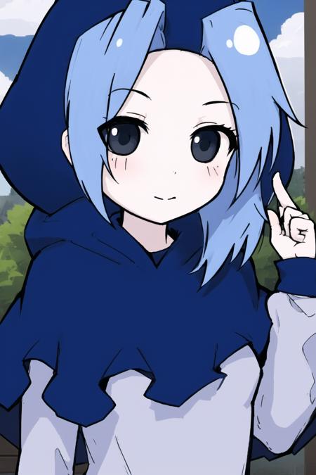 1girl,solo, 
<lora:KOMUGIKO_V10:0.85>,KOMUGIKO,black eyes,light blue bungs,intake bungs,forehead, putting on a blue hood,blue cape,light blue dress,