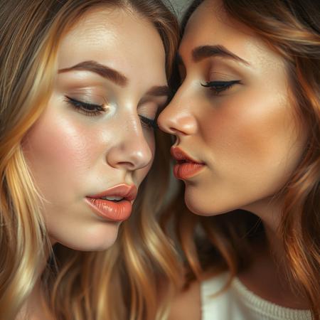 head shot of two lovely women, one softly blowing air in the ear of the other. lips close to ear together. Surprise, pleasure, melting