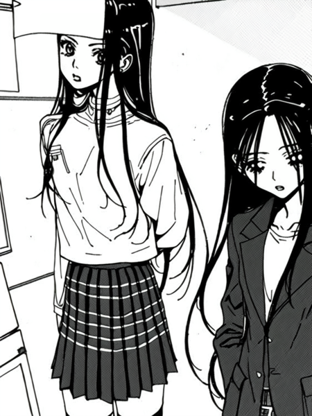 cute woman, long black hair, dressed school uniform, thigh-high skirt, leather jacket, shy, black and white, NANA, Ai Yazawa, manga, drawing lines, ink lines