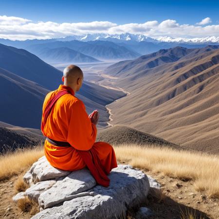 monk seated on a rock outcropping, The monk is dressed in bright orange and red robes, his head turned slightly to the left as he faces the camera, his hands clasped in a prayer-like gesture. He sits cross-legged on the rocky surface that occupies the foreground of the image. The middle of the field presents a terrain of dry grass and scattered shrubs, leading towards a deep valley. In the background, a superb panorama of mountain ranges is revealed, further away, mountains creating an impression of depth and immensity. The highest peaks are snow-capped and display a brilliant white color which contrasts strongly with the clear and deep blue with some white clouds