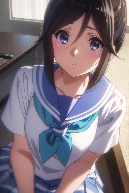 nozomikasaki, <lora:nozomi kasaki s2-lora-nochekaiser:1>,
nozomi kasaki, kasaki nozomi, long hair, blue eyes, black hair, ponytail, hair between eyes,
BREAK skirt, shirt, school uniform, white shirt, short sleeves, pleated skirt, serafuku, sailor collar, blue skirt, neckerchief, blue sailor collar, school bag, blue neckerchief, kitauji high school uniform,
BREAK indoors, classroom,
BREAK looking at viewer, (cowboy shot:1.5),
BREAK <lyco:GoodHands-beta2:1>, (masterpiece:1.2), best quality, high resolution, unity 8k wallpaper, (illustration:0.8), (beautiful detailed eyes:1.6), extremely detailed face, perfect lighting, extremely detailed CG, (perfect hands, perfect anatomy),