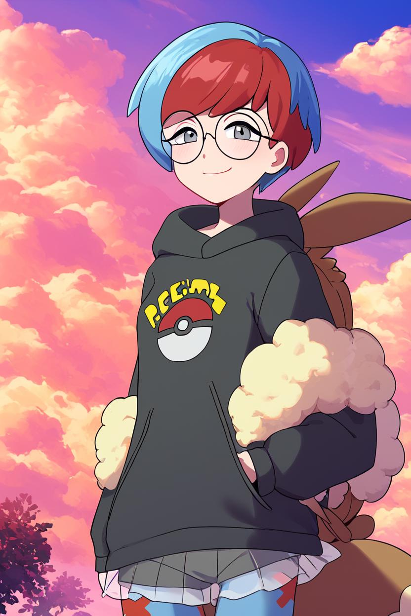 score_9, score_8_up, score_8, medium breasts, (curvy), cute, eyelashes,       ,,, , ,,, zzPenny, grey eyes, glasses, short hair, red hair, blue hair, multicolored hair, round eyewear, two-tone hair,  long sleeves, hood down, black hoodie, backpack, bag, brown bag, pantyhose,   see-through skirt,   <lora:Penny_Pokemon_PDXL:1.0>,  ,,,, BREAK, smile, looking at viewer, cowboy shot, ,,, outdoors, sky, day, cloud, tree, blue sky, sunny,  ,,, Expressiveh, ,,, <lora:Alola_Style_PDXL:0.8>, <lora:Expressive_H-000001:0.4>,