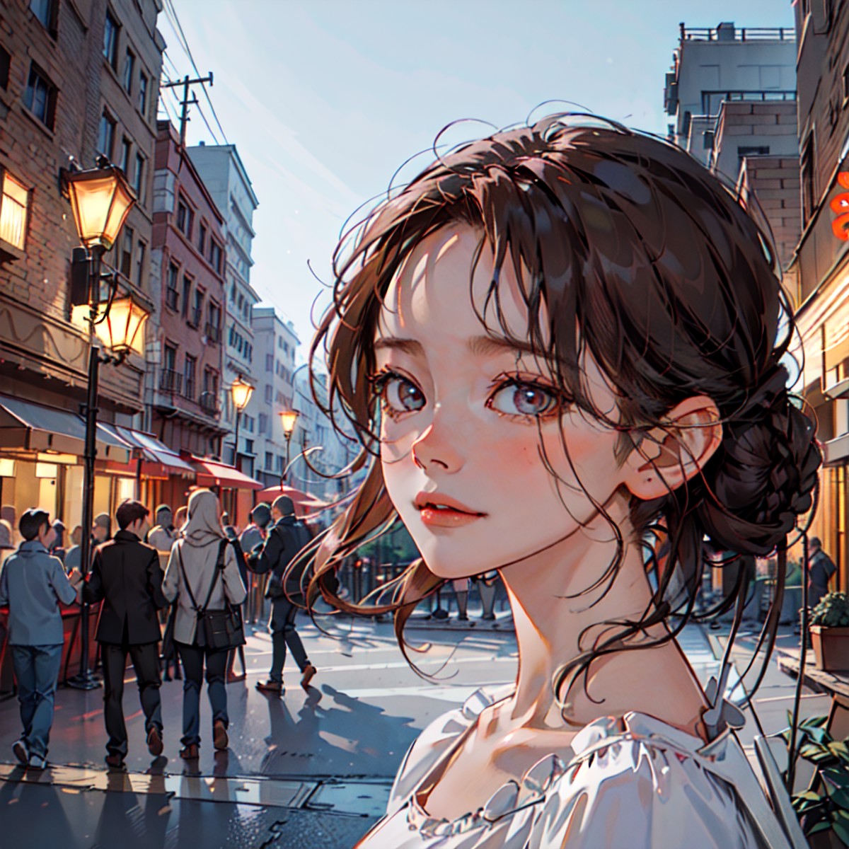 <lora:koreanPonytailLora_v10:1:NP>, kr-pny, braided bun,  parted bangs, 1girl, portrait, A girl walking down a boulevard i...