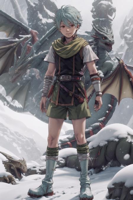 nils, solo, (circlet, hair ornament:1.1), scarf, tunic, red eyes, shorts, belt, bandages, fingerless gloves, boots, standing, (dragon, white dragonl:1.2), looking at viewers, outdoors, mountaintop, snow, rocks, snowstorm