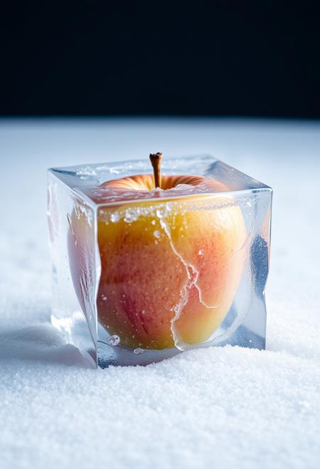 an apple frozen inside a block of ice