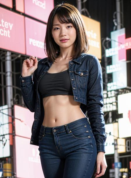 best quality, photorealistic, 8k, high res, 1girl, woman, (skindentation), (portrait:0.6), gorgeous, ((neon light, time square, cityscapebackground:1.65)), ((blue pants, denimjacket with pinktshirt inside:1.9)),  straight-looking at viewer:1.8, (1girl eyes looking at viewer, short-length straighthair,  black hair, partedhair:1.75), photorealistic, (bokeh), (smile:1.2), (closed mouth:0.56), gorgeous, pureerosface_v1, <lora:AVID-airiV2:0.75>