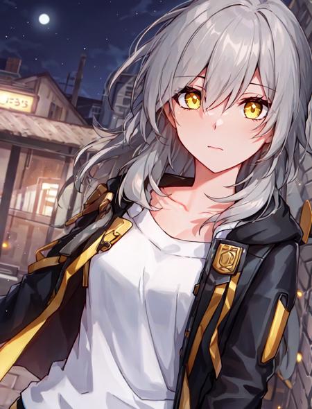 ((masterpiece)), female trailblazer, 1girl, solo, long_hair, looking_at_viewer, bangs, shirt, gloves, hair_between_eyes, closed_mouth, jacket, yellow_eyes, white_shirt, grey_hair, black_gloves, hood,

masterpiece, best quality, high quality, absurdres, shiny skin, colorful, dynamic pose, stunning art, best quality, hyper detailed, dynamic angle, beatlful detailed, reflective hair, good lighting, ray tracing, depth of field, ultra-detailed, illustration, Amazing, fine detail, extremely detailed, ((ultra-detailed)), (beautiful detailed girl), beautiful detailed glow, intricate detail, highres, an extremely delicate and beautiful, beautiful detailed eyes, realistic, hdr, rounded eyes, detailed facial features,

(illustration), (beautiful detailed eyes), ((very detailed face)), depth_of_field, eyebrows_visible_through_hair, frills, looking_at_viewer, outdoors, (upper body:1.4),

clothes reflecting light, (light diffraction on skin: 1.35), (glossy skin: 1.55), (Iridescence Effect: 1.55),

(alleyway, night, neon lights, dimly lit, sign:1.5),

critical angle, thick thighs,