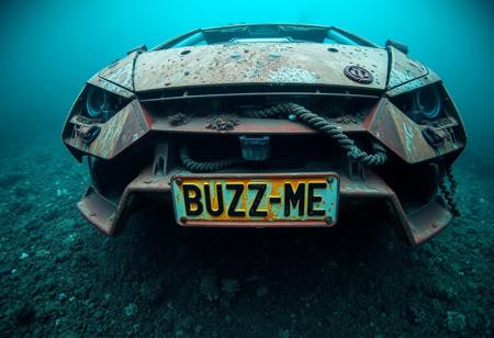 Totally Rusted wreck of Lamborghini Temerario underwater rusted number plate with text "BUZZ ME", cinematic, post apocalyptic look, seabed, view from front