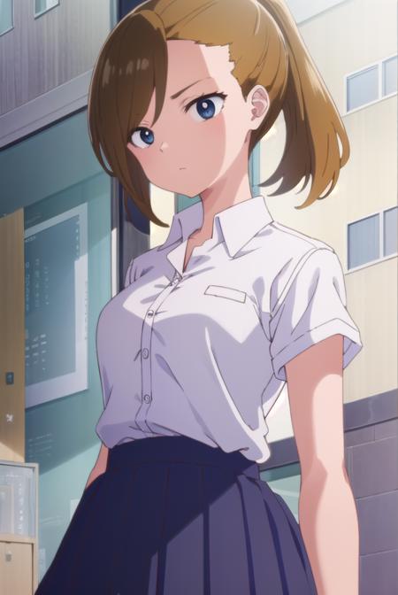 serinayoshida, <lora:serina yoshida s1-lora-nochekaiser:1>,
serina yoshida, brown hair, ponytail, (black eyes:1.5),
BREAK skirt, shirt, school uniform, white shirt, short sleeves, pleated skirt, collared shirt, blue skirt,
BREAK indoors, classroom,
BREAK looking at viewer, (cowboy shot:1.5),
BREAK <lyco:GoodHands-beta2:1>, (masterpiece:1.2), best quality, high resolution, unity 8k wallpaper, (illustration:0.8), (beautiful detailed eyes:1.6), extremely detailed face, perfect lighting, extremely detailed CG, (perfect hands, perfect anatomy),