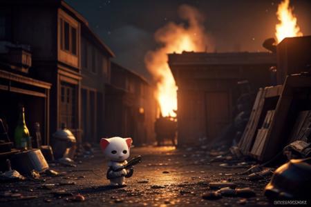 chibi, cute, sparkles,  food, machine, mouse, cat, war,, bullets, gun, rpg, blood, fire, waste, trash, (island background), building, beer, vodka, whiskey, scotch, blood, 
se4tbestbesb