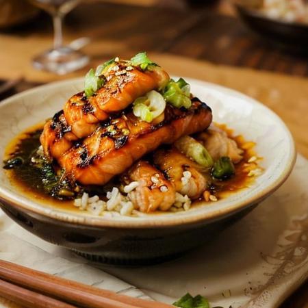 A bowl of unagi don (grilled eel rice bowl), with a glossy, grilled eel fillet served over a bed of steaming white rice, brushed with a sweet soy-based sauce, and sprinkled with sesame seeds and thin strips of nori. The scene captures a traditional Japanese dining setting with a serene ambiance.