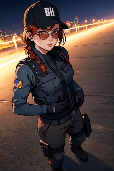 (masterpiece, best quality:1.2), 1girl, solo, looking at viewer, breasts, <lora:ashrss:1>, ashrss, uniform, hat, single braid, sunglasses, bulletproof vest, pants, gloves, vest, tactical clothes, white, long sleeves, outdoors, night, wariza, looking at viewer, from above, shadow, illumination, night sky,