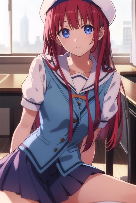 kotorishirakawa, <lora:kotorishirakawatest:1>,
kotori shirakawa, long hair, blue eyes, red hair,  (small breast:1.2),
BREAK skirt, hat, school uniform, short sleeves, socks, puffy sleeves, puffy short sleeves, beret,
BREAK looking at viewer,
BREAK indoors, classroom, 
BREAK <lora:GoodHands-vanilla:1>, (masterpiece:1.2), best quality, high resolution, unity 8k wallpaper, (illustration:0.8), (beautiful detailed eyes:1.6), extremely detailed face, perfect lighting, extremely detailed CG, (perfect hands, perfect anatomy),