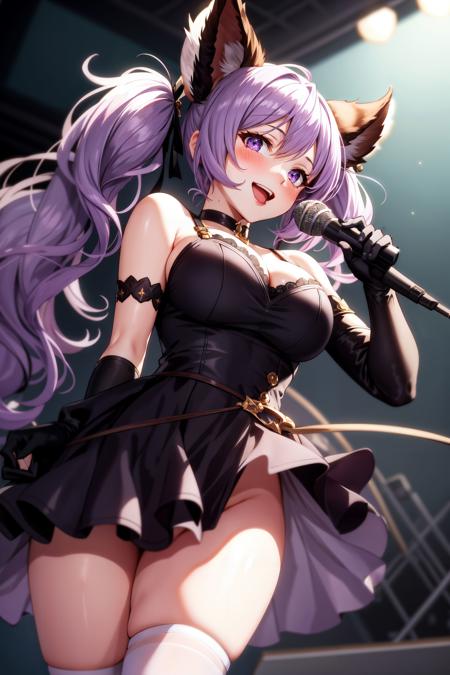 1girl, :d, animal ears, bare shoulders, black dress, black gloves, blurry, blurry background, blurry foreground, blush, breasts, choker, cleavage, depth of field, dress, gloves, holding, holding microphone, large breasts, long hair, looking at viewer, microphone, microphone stand, open mouth, purple eyes, purple hair, short dress, smile, solo, thighhighs, thighs, twintails, white legwear, satyr \(granblue fantasy\),