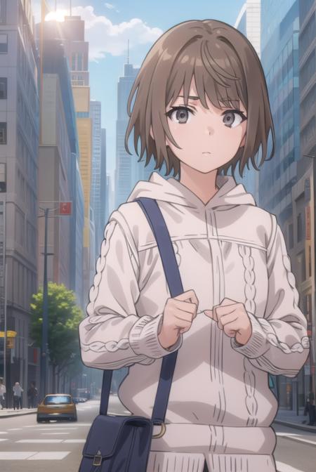 saiai kinuhata, short hair, brown hair, (grey eyes:1.5), hood, sweater, hoodie,