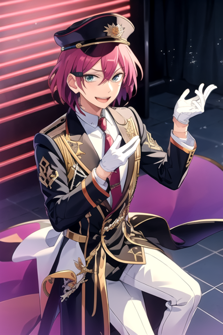 <lora:Ibara-04:0.8>, ibaraes, looking at viewer, smile, short hair, open mouth, gloves, long sleeves, hat, pink hair, necktie, white gloves, idol, idol clothes