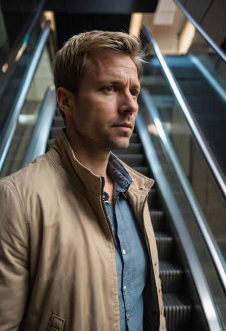 photograph, man, a handsome 35 year old man in a beige jacket with short flaxen hair, looking to the side, shadows and darkness, suspenseful scene, (face portrait, close-up), (shadows on face), intense look, empty mall, in front of a defunct escalator