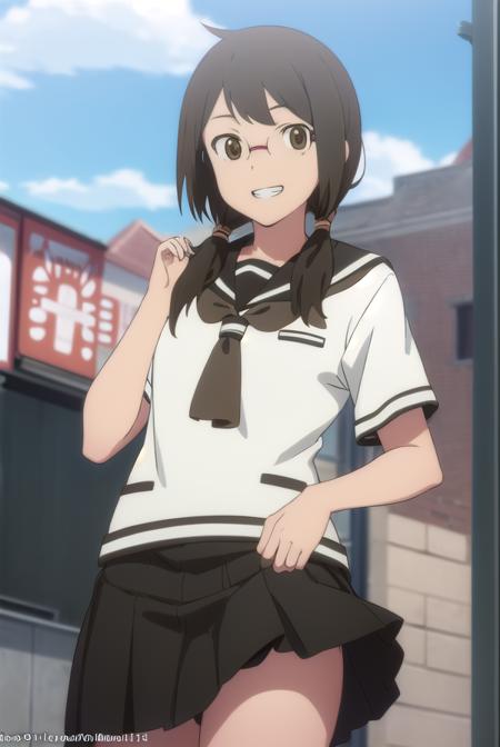 kotohaisone, <lora:kotoha isone hnu-lora-nochekaiser:1>,
kotoha isone, brown hair, twintails, (brown eyes:1.5), glasses, smile, grin,
BREAK skirt, school uniform, serafuku,
BREAK outdoors, city, sun, clouds,
BREAK looking at viewer, (cowboy shot:1.5),
BREAK <lyco:GoodHands-beta2:1>, (masterpiece:1.2), best quality, high resolution, unity 8k wallpaper, (illustration:0.8), (beautiful detailed eyes:1.6), extremely detailed face, perfect lighting, extremely detailed CG, (perfect hands, perfect anatomy),