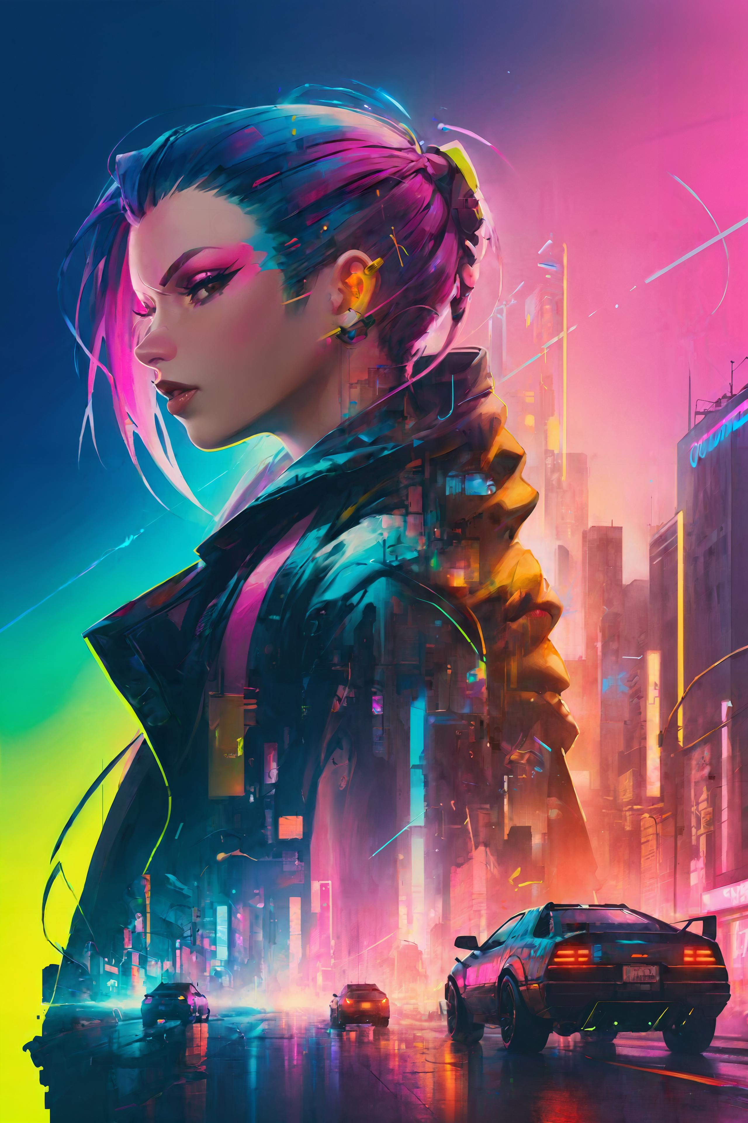 Anime-Inspired Artwork of a Woman with Pink and Blue Hair and a Black Jacket Standing in Front of a Cityscape
