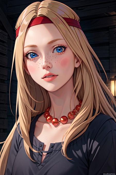 alyonushka, 1girl, solo, long hair, blue eyes, blonde hair, jewelry, necklace, red headband, parody, blush stickers, freckles, symmetrical face, hair clips, 8 k, extreme detail, detailed drawing, trending artstation, hd, fantasy, d & d, realistic lighting, by alphonse mucha, greg rutkowski <lora:alyonushkNEW:0.55> 
 <lora:LowRA:0.3>, (natural skin texture, hyperrealism, soft light, sharp)