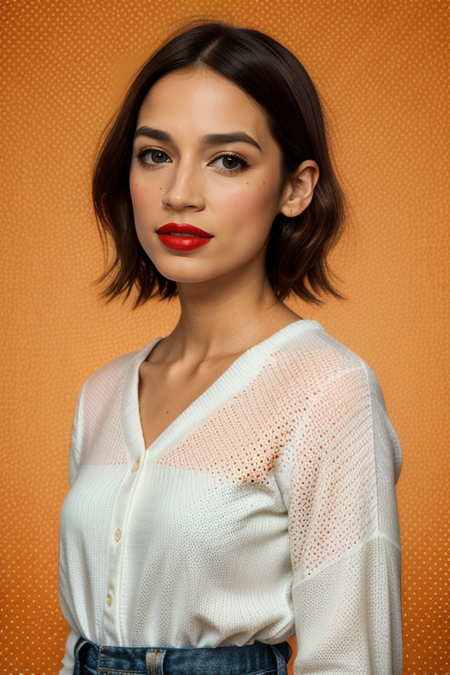 RepAOC, razored combover bob haircut, ((red lipstick)), ((slim, fit, lanky, coltish:1.3)), orange polka dot cashmere sweater, luxury, looking at viewer, Hasselblad H6D, 80mm portrait, natural lighting, oiled skin, perfect eye blush, slightly open mouth, long eye lashes, <lora:epiCRealismHelper:0.2>, <lora:hairdetailer:0.3>, ((orange polka dot backdrop:1.3)), detailed skin texture, (blush:0.5), (goosebumps:0.5), subsurface scattering, RAW candid cinema, 16mm, color graded portra 400 film, remarkable color, ultra realistic, textured skin, remarkable detailed pupils, realistic dull skin noise, visible skin detail, skin fuzz, dry skin, shot with cinematic camera