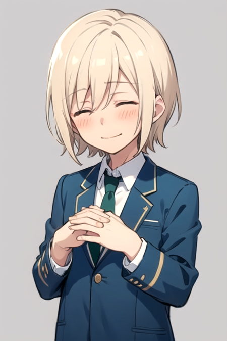 <lora:Eichi-08:0.7> ,eichi, solo, blush, smile, short hair, blonde hair, simple background, shirt, long sleeves, 1boy, closed mouth, school uniform, jacket, closed eyes, white shirt, upper body, male focus, necktie, chibi, parody, blazer, own hands together, blue jacket, black background, cropped torso, green necktie