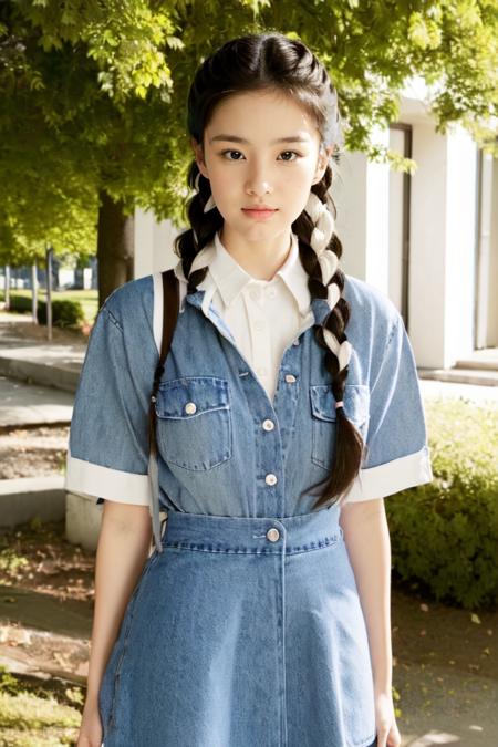 4k,ldr,
1girl, looking at viewer, skin fair,Fashion,outdoors,
 Make-up, Lips, brown hair, twin braids, french braid,
Chambray collared shirt worn untucked with a denim flared skirt and white sneakers.
Akira Komoto,
<lora:Face love:0.4><lora:zipai:0.75>