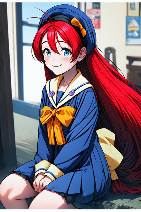 mainami, blue eyes, red hair, very long hair, antenna hair, hair between eyes, blue headwear, bow, school uniform, long sleeves, blue dress,