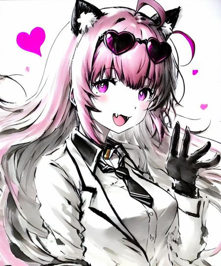 1girl, inkwash,
1girl, long hair, solo, pink hair, pinkeyes, looking at viewer,
cat girl,ahoge, animal ear fluff, limited palette, gloves,shirt, tie, spoken heart, medium breasts, meme attire, pink hair, short hair, collar, stomach, cat tail, depth of field, bangs, :d, white jacket, eyewear, smile, fang ,sunglasses, heart-shaped pupils, gradient background, shade, wind
<lora:inkwash:1.1>