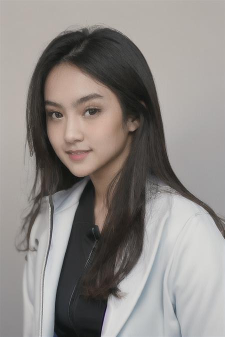 (masterpiece:1.4, best quality:1.4) , 1girl, angieelora, solo, long hair, looking at viewer, smile, simple background, brown hair, shirt, black hair, white background, brown eyes, upper body, collared shirt, lips, (realistic:1.4), labcoat, <lora:angieelora:1>