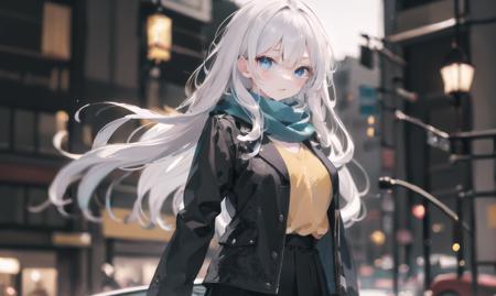 finely detail, Depth of field,best quality, illustration,highres,intricate detail, an extremely delicate and beautiful,
1girl, long hair, shirt, yellow shirt, (namess koishi:0.4), disheveled hair, breasts black jacket, black sleeves,white hair, green scarf, blue eyes, ,skirt,  
city,  <lora:20240107-1704597280257-0013:0.5>