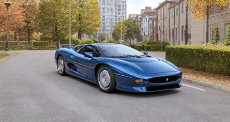 jaguarxj220 sports car parked on a street covered with leaves in autumn in a (city:1.3), fall, global illumination, volumetric lighting, best quality, highly detailed, cgi, illustration, octane render