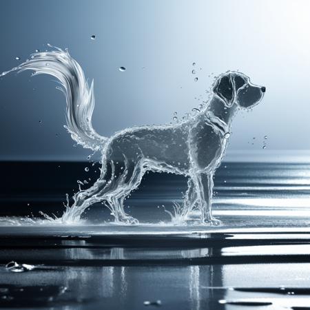 a (watercd:1.2, brightness, transparent:1.3) dog, (solo:1.2), standing, water drop, dropping, <lora:watercd-000010:0.7>, no humans, high quality, masterpiece, realistic, photorealistic, (outdoors, on the surface of the water, the water splashed in all directions, full  body),