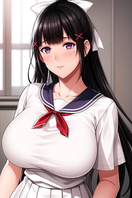 Simple White Background,
sailor collar,school uniform, serafuku, short sleeves,
Red neckerchief,White shirt,
<lora:Kanade_Amakawa_Natsuyasumi-KK77-V1:0.7>,
purple, Black hair, White Hair ornament,long hair,blunt bangs, high ponytail, 
<lora:Oda_Non_Style-KK77-V2:0.3>,<lora:more_details:0.1>,
1 girl, 20yo,Young female,Beautiful Finger,Beautiful long legs,Beautiful body,
Beautiful Nose,Beautiful character design, perfect eyes, perfect face,expressive eyes,perfect balance,
looking at viewer,(Focus on her face),closed mouth, (innocent_big_eyes:1.0),(Light_Smile:0.3),
official art,extremely detailed CG unity 8k wallpaper, perfect lighting,Colorful, Bright_Front_face_Lighting,White skin,
(masterpiece:1.0),(best_quality:1.0), ultra high res,4K,ultra-detailed,
photography, 8K, HDR, highres, absurdres:1.2, Kodak portra 400, film grain, blurry background, bokeh:1.2, lens flare, (vibrant_color:1.2),professional photograph,
(Beautiful,large_Breasts:1.4), (beautiful_face:1.5),(narrow_waist),